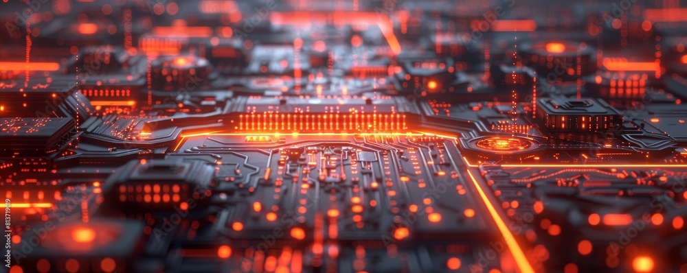 Poster abstract digital technology background with glowing circuits and lines.