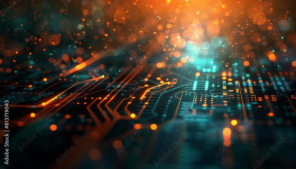 Poster abstract digital technology background with glowing circuits and lines.