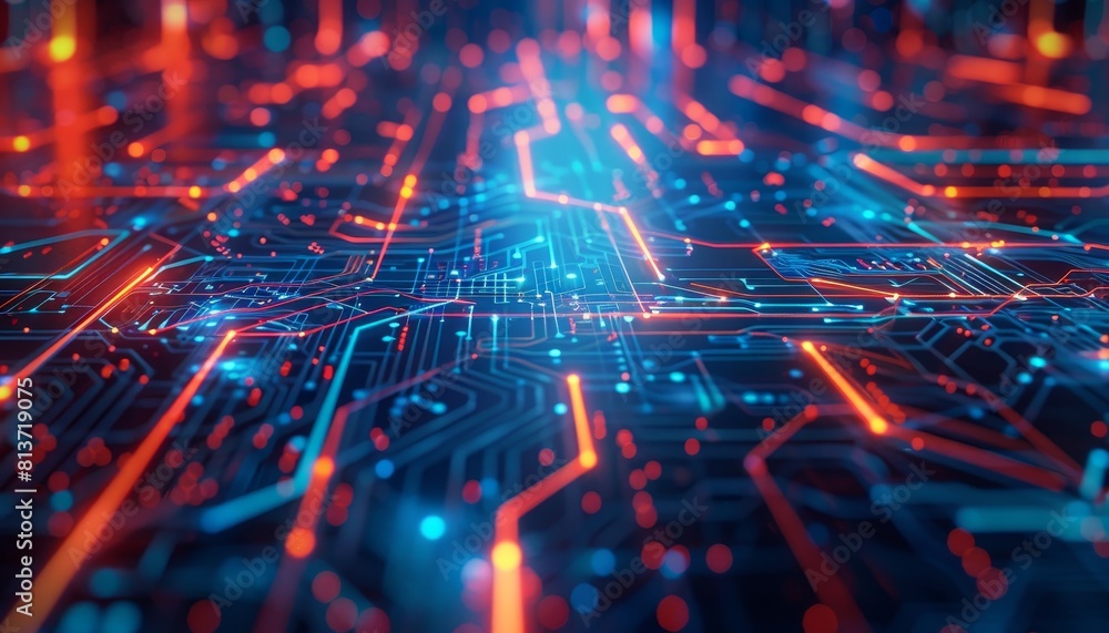 Poster abstract digital technology background with glowing circuits and lines.