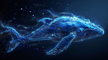Abstract picture. Whale swimming in the deep sea. Digital whale swimming on blue technology background