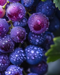 dew-covered Concord grapes, their rich purples and deep blues creating a luxurious contrast against the soft morning light. The droplets glisten like diamonds, capturing the essence of freshness