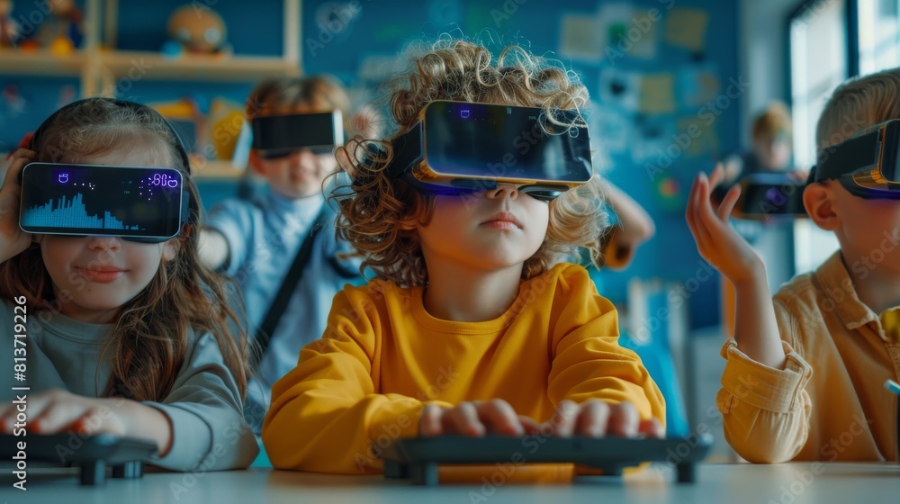 Poster in elementary school computer science classes, children use digital tablet computers and smartphones