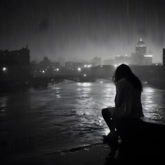 Photo of a sad woman in the rain in black and white, city in the background
