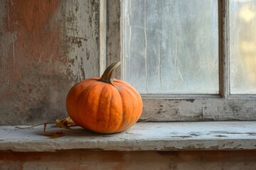 single pumpkin placed on a weathered windowsill, with the soft glow of candlelight illuminating its contours.