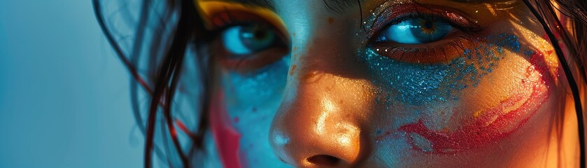 Fototapeta premium Artistic portrait of a young woman in a creative makeup look, dramatic and expressive