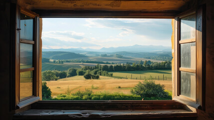 Fototapeta premium Panoramic window overlooking countryside and fields. Minimalist design
