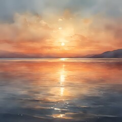 AI generated illustration of a sunrise over ocean, reflecting off water surface