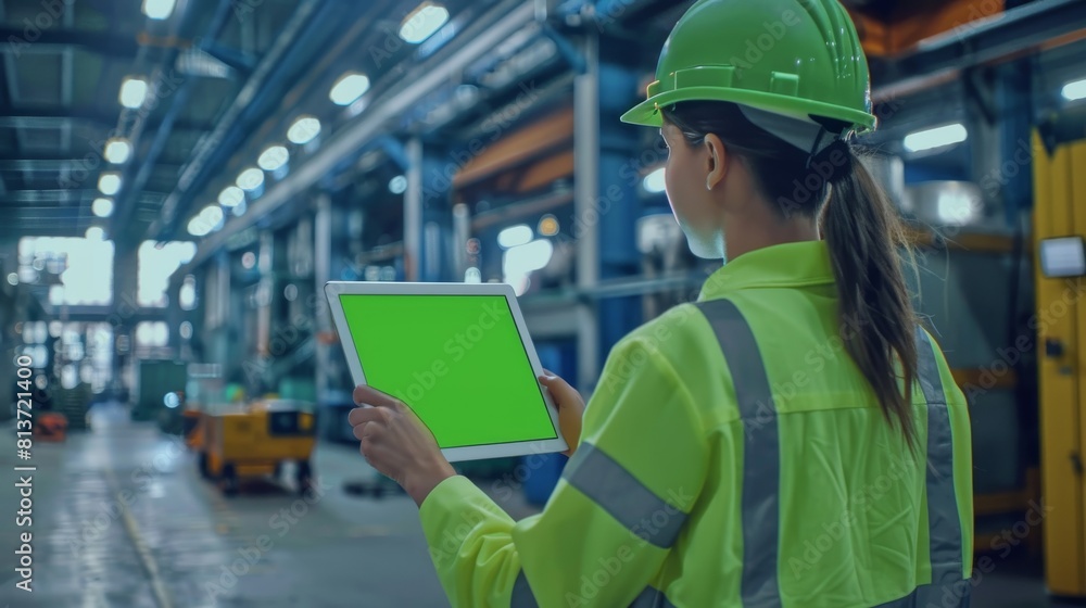 Aufkleber the female engineer uses a digital tablet computer with a green screen mock-up template to visualize