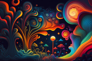 Fototapeta premium Abstract colorful background. Mushrooms and skies illustration.