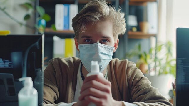 Young Blue Eyed Blond Haired Male Wearing Protective Face Mask Uses Hand Sanitizer While Working at His Desk on a Computer in the Office.