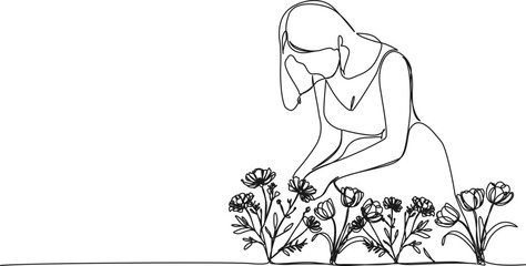 continuous single line drawing of woman picking flowers, line art vector illustration