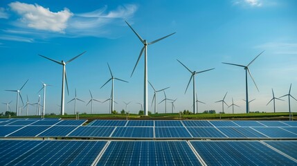 Large wind turbines and solar panels generate renewable energy on a sunny day.