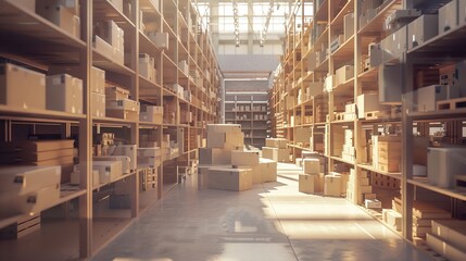 It's a giant warehouse filled with shelves stacked with products. Logistics and Distribution Storehouse Center for further product delivery packages. Front camera view.