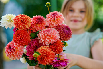 Close up of little preschool girl with dahlia flower bouquet. Close-up of happy child holding...