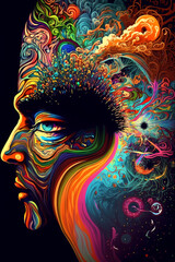 Vibrant portrait of man's face against dark background Abstract art illustration.