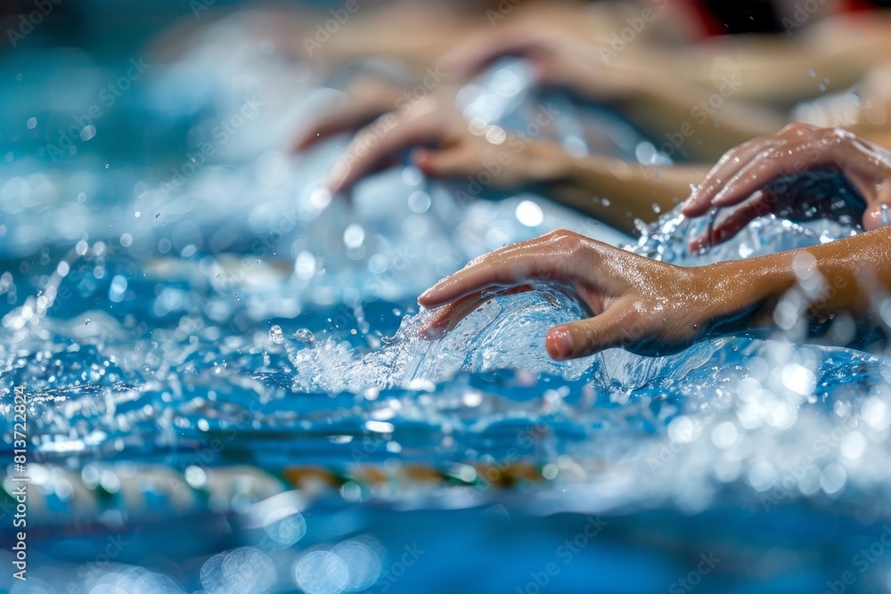 Poster synchronized swimmers hands aligned in routine displaying coordination olympic games concept
