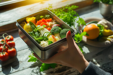 salad with vegetables, Top view of Hand of woman holding lunch box with healthy food on table with sunlight in the morning