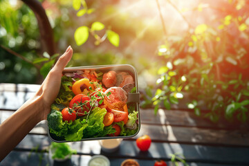 barbecue in the garden, Top view of Hand of woman holding lunch box with healthy food on table with sunlight in the morning