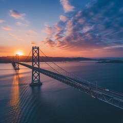 Obraz premium a large bridge spans over a calm ocean in the distance