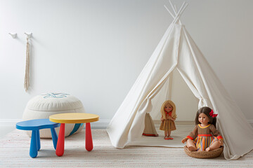  child playing in the bedroom, White children playroom with tent, doll, and table. Step into a world of imagination and wonder in this charming white children playroom
