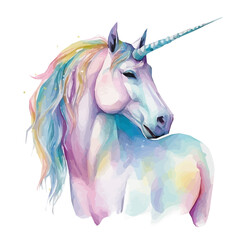 AI generated illustration of a watercolor painting of a unicorn with a stunning flowing mane