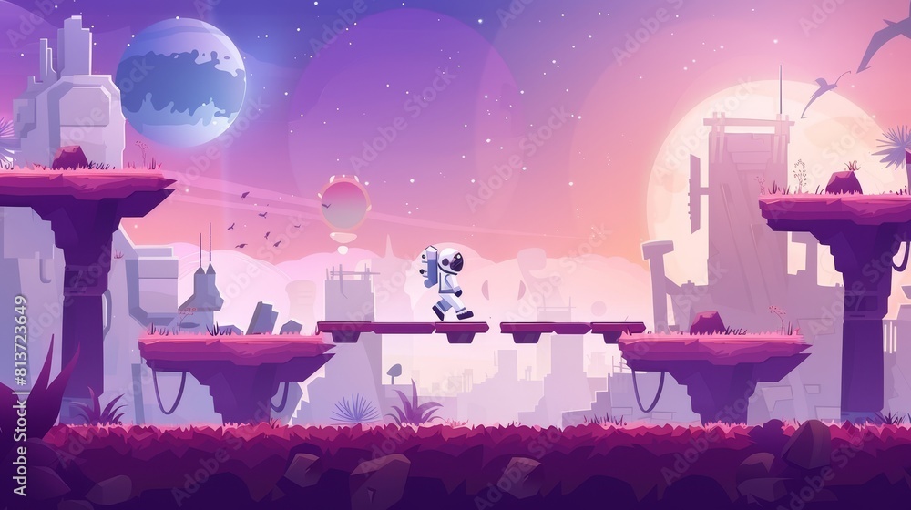 Aufkleber this is a 2d cartoon adventure template with an astronaut jumping on platforms with bonus assets on 