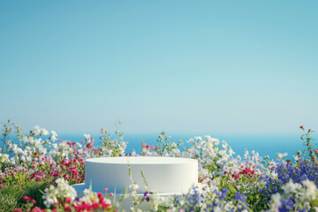 flowers in the garden, White podium in field of flowers for product presentation behind is a view of the blue sky