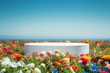 flowers in the garden, White podium in field of flowers for product presentation behind is a view of the blue sky