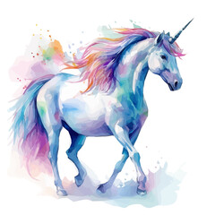 AI generated illustration of a watercolor painting of a unicorn with a stunning flowing mane