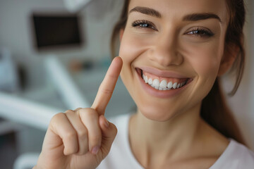 portrait of a woman smiling, Woman points finger to showing healthy gums. With a gesture of pride, a woman directs attention to her healthy gums, a testament to her dedication to dental care