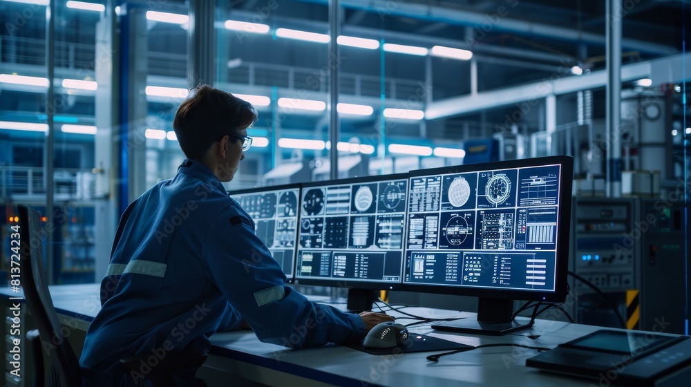 Poster in an industry 4.0 modern factory, operators manage the production line, working with computers show