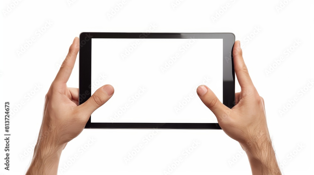 Poster the hands of a man holding a tablet computer with a blank screen pointing or clicking with fingers o