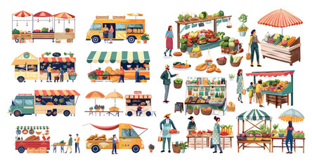 Market place with characters selling vegetables, bread, flowers, and other products. Local kiosks, food trucks, and booths.