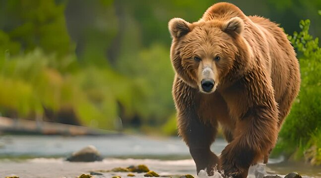 grizzly bear walking on river water