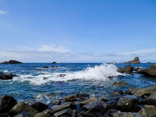 Seaside view to the beach Alm&aacute;ciga Beach (Playa de Alm&aacute;ciga) from the Roque de las Bodegas, Alm&aacute;ciga, Anaga Rural Park, Santa Cruz de Tenerife, Canary Islands, Spain