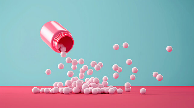 A bottle of pills is falling out of a container. Dimesional realistic perspective view of mentos chewing gum in the air with chewing gum spilling out of the bottle and some mentos in the air