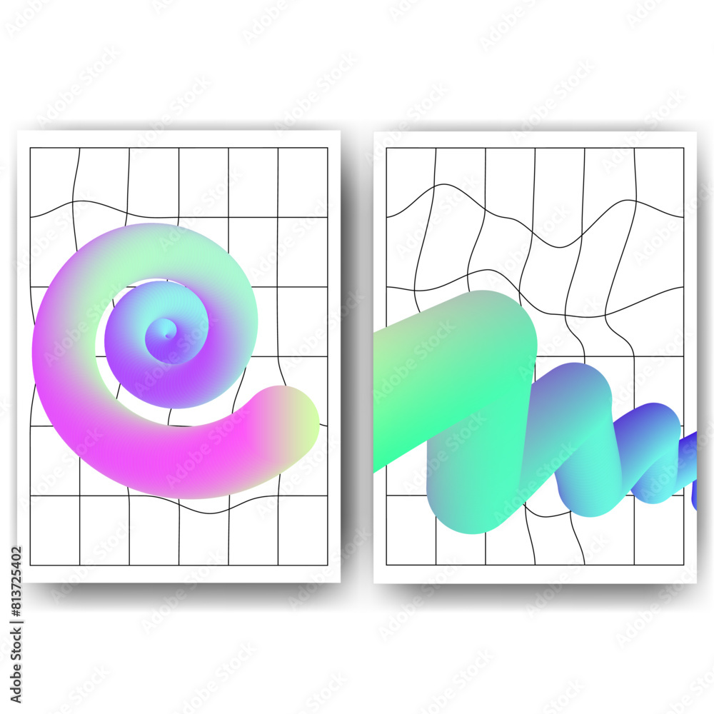 Poster trendy y2k style posters with abstract acid 3d shapes and grid background. modern minimalist futuris