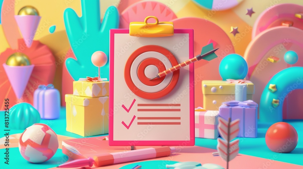 Poster an illustration of a checklist with a target bullseye and arrow in aim. a checklist on a clipboard w
