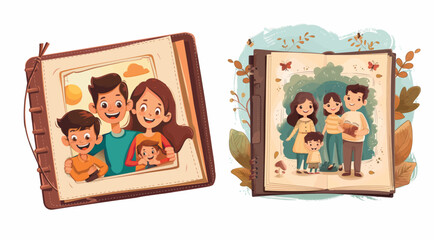 Album of family photos. Cartoon modern illustration of family photo album frame with happy memories.