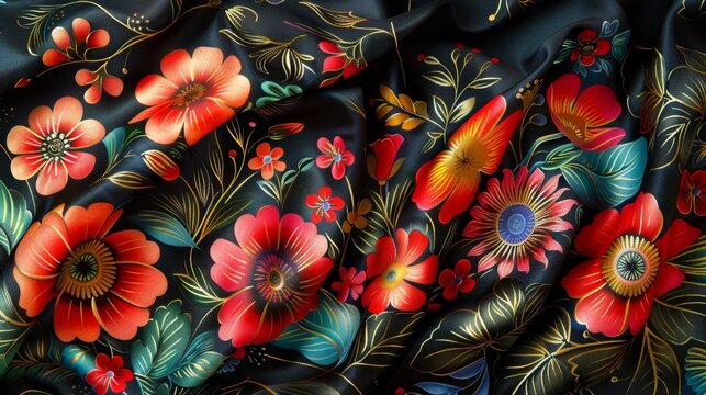 Zhostovo. Delicate flowers on a black background. Pattern for fabric or tableware. Wallpaper for your phone or background for your computer.