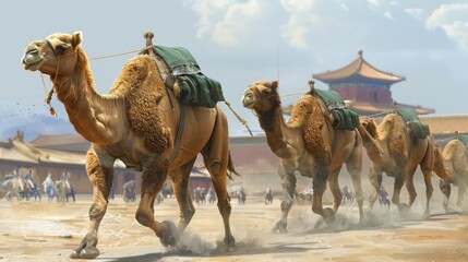 Portrait of a beautiful camel. A caravan of camels goes through the desert. Phone background or desktop wallpaper. Travel agency advertisement.