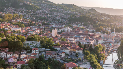 Panoramic aerial cityscape of the historical downtown of Sarajevo timelapse