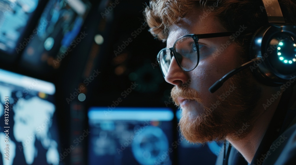 Poster employee wearing headphones with microphone and talking on the phone while working on computer in mo