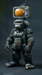 Fototapeta premium Retro sci-fi gorilla astronaut with a tv on his head robot full body sculpture