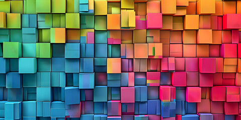 A multicolored wall made up of cubes of different sizes, Vibrant Cubist Wall A Colorful Array of Dimensional Blocks