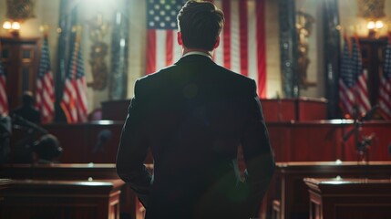 The leader of a inspiring organization addresses a press conference near the government building. A press officer delivers a speech at a summit. A minister addresses the congress. A backdrop with