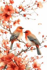 Obraz premium Vibrant illustration of two orange birds on a branch surrounded by rich red blossoms sets a serene scene