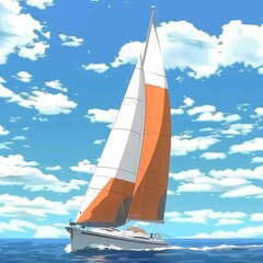 Yacht with white sails in the sea against the blue sky in oil painting. Olympic sport, regatta or yachting. Seascape with a ship. Summer holiday in the ocean. Flyer, poster, postcard.