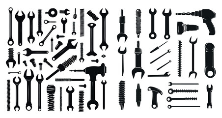 A set of screw tools, bolts, clinkers and building drills. Flat isolated elements.