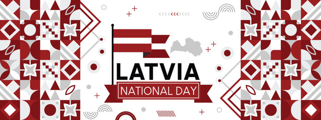 Latvia national day banner with map, flag colors theme background and geometric abstract retro modern colorfull design